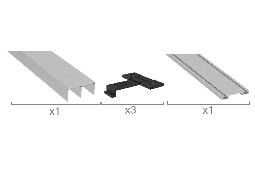 BOXED KIT 1 PANNEAU: 1 x Rail supérieur I 3x Clip plastique l 1x Rail inférieur
